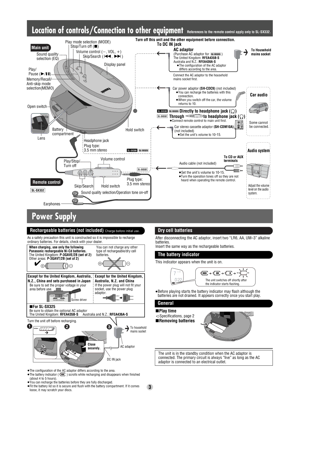 Panasonic SL-SX325, SL-SX332 operating instructions Dry cell batteries, Battery indicator, General 