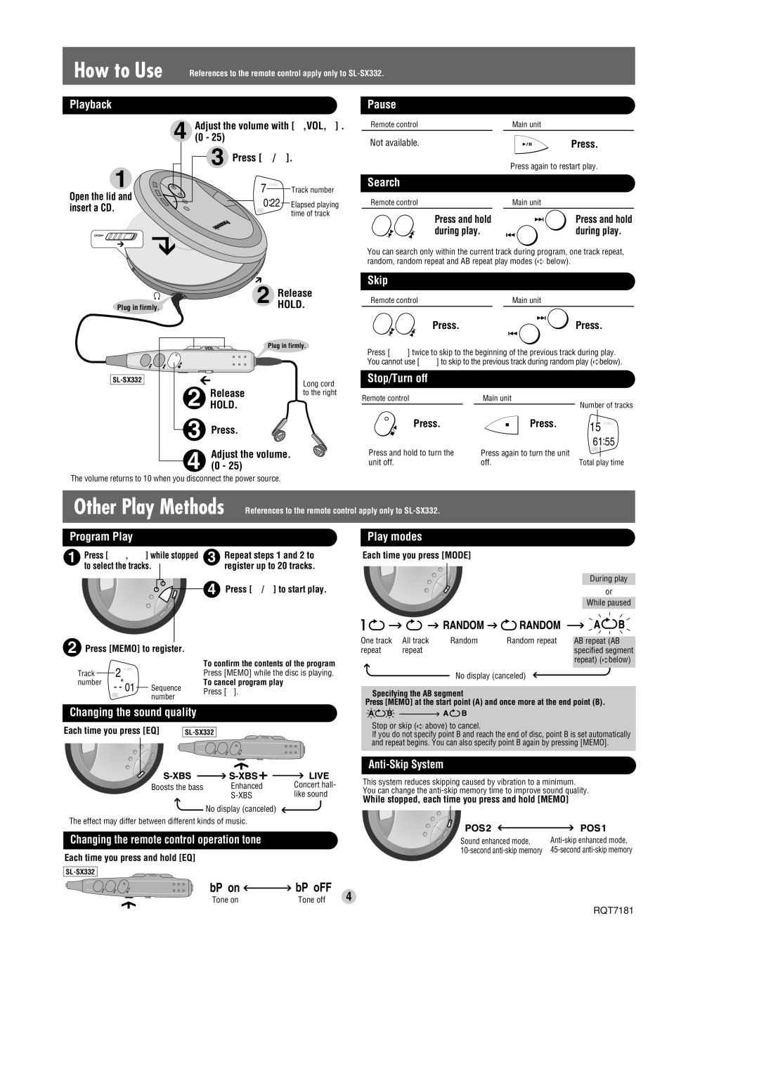 Panasonic SL-SX332 Playback, Pause, Search, Skip, Stop/Turn off, Program Play Play modes, Changing the sound quality 