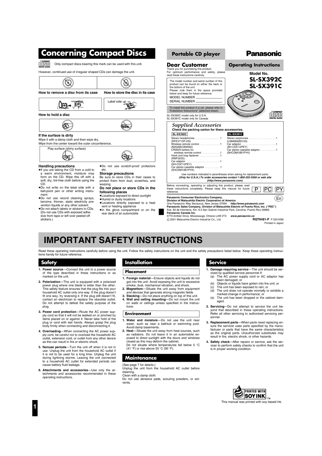 Panasonic SL-SX391C, SL-SX392C operating instructions Operating Instructions, Model No, Placement, Environment 