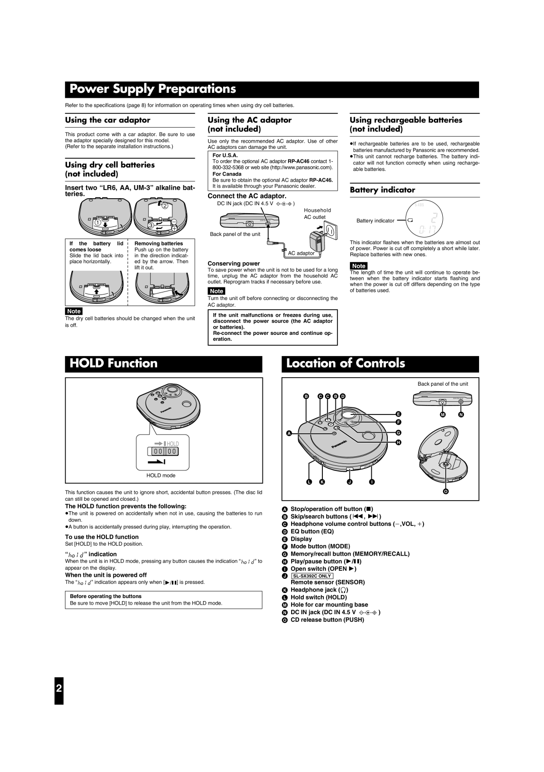 Panasonic SL-SX392C, SL-SX391C operating instructions Power Supply Preparations, Hold Function, Location of Controls 