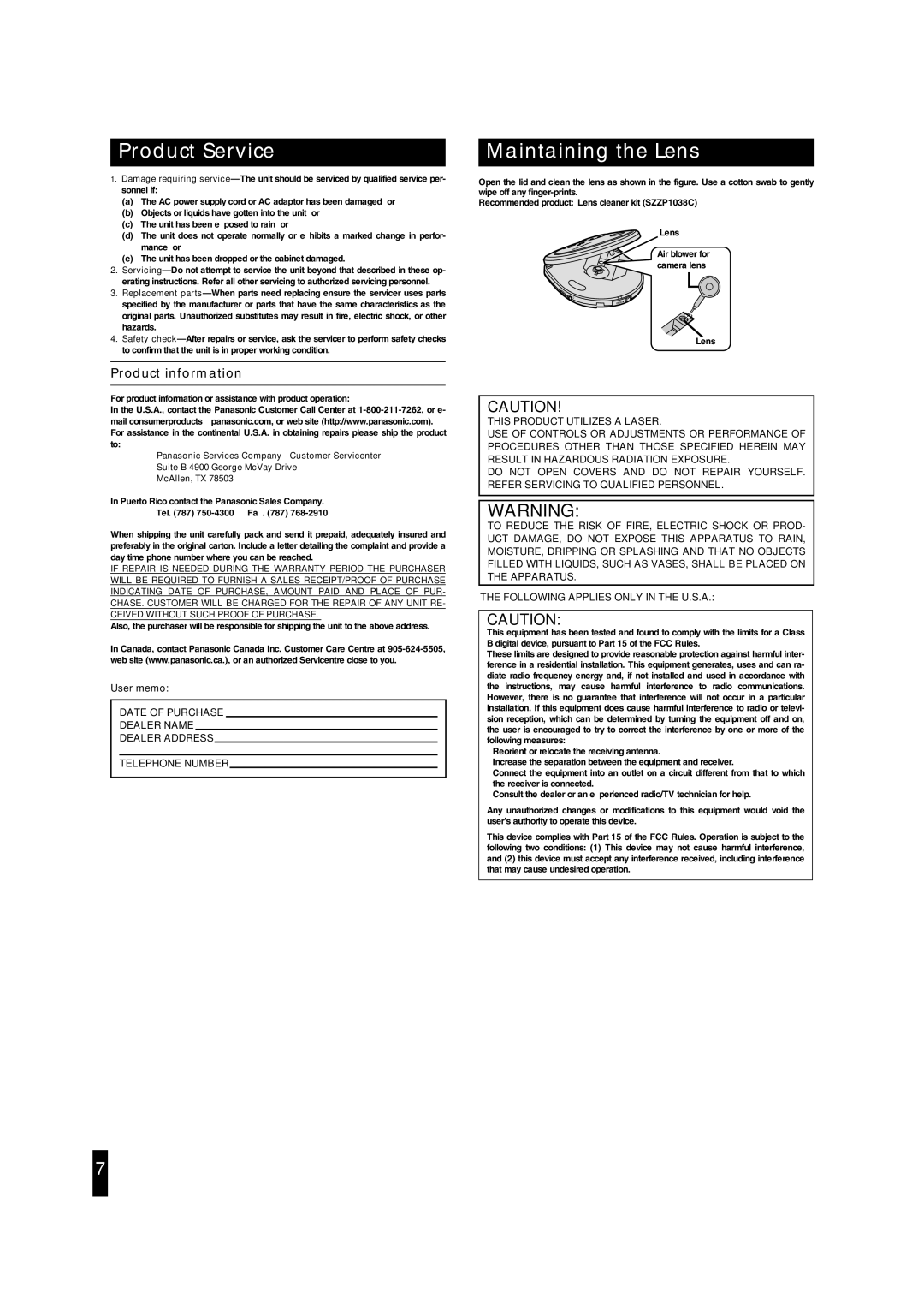 Panasonic SL-SX391C, SL-SX392C operating instructions Product Service, Maintaining the Lens, Product information, User memo 