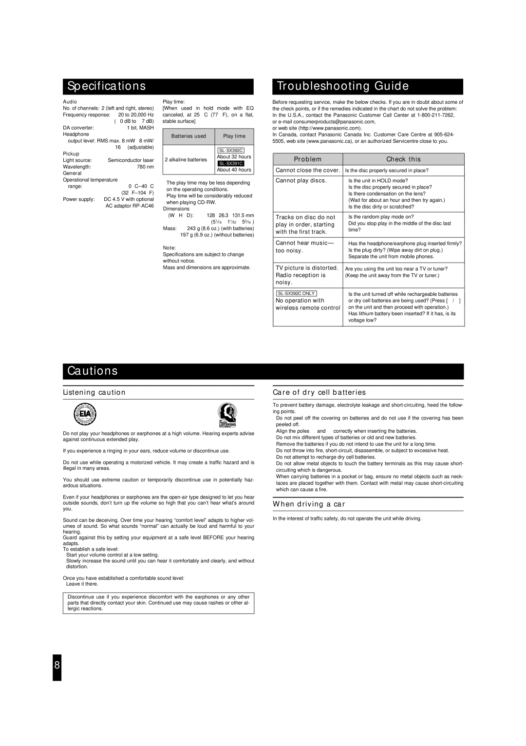 Panasonic SL-SX392C, SL-SX391C Specifications, Troubleshooting Guide, Listening caution, Care of dry cell batteries 