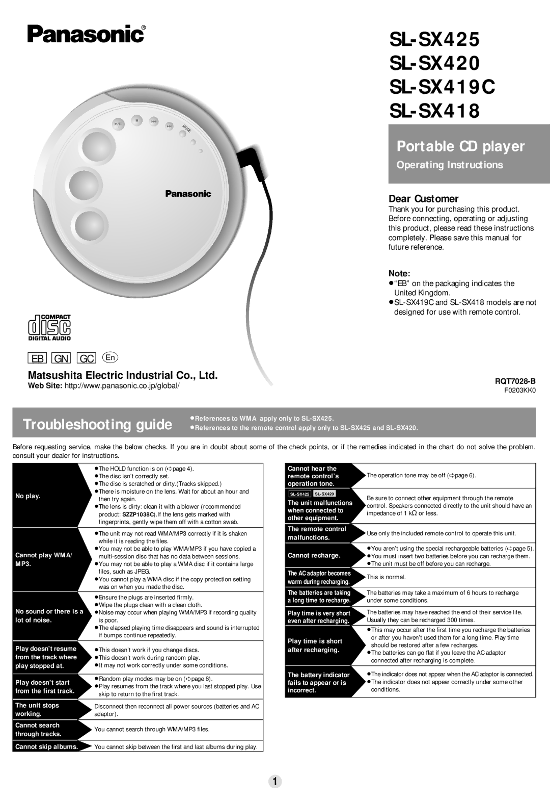 Panasonic SL-SX425 operating instructions No play, Cannot play WMA, MP3, Lot of noise, Cannot recharge, Play time is short 