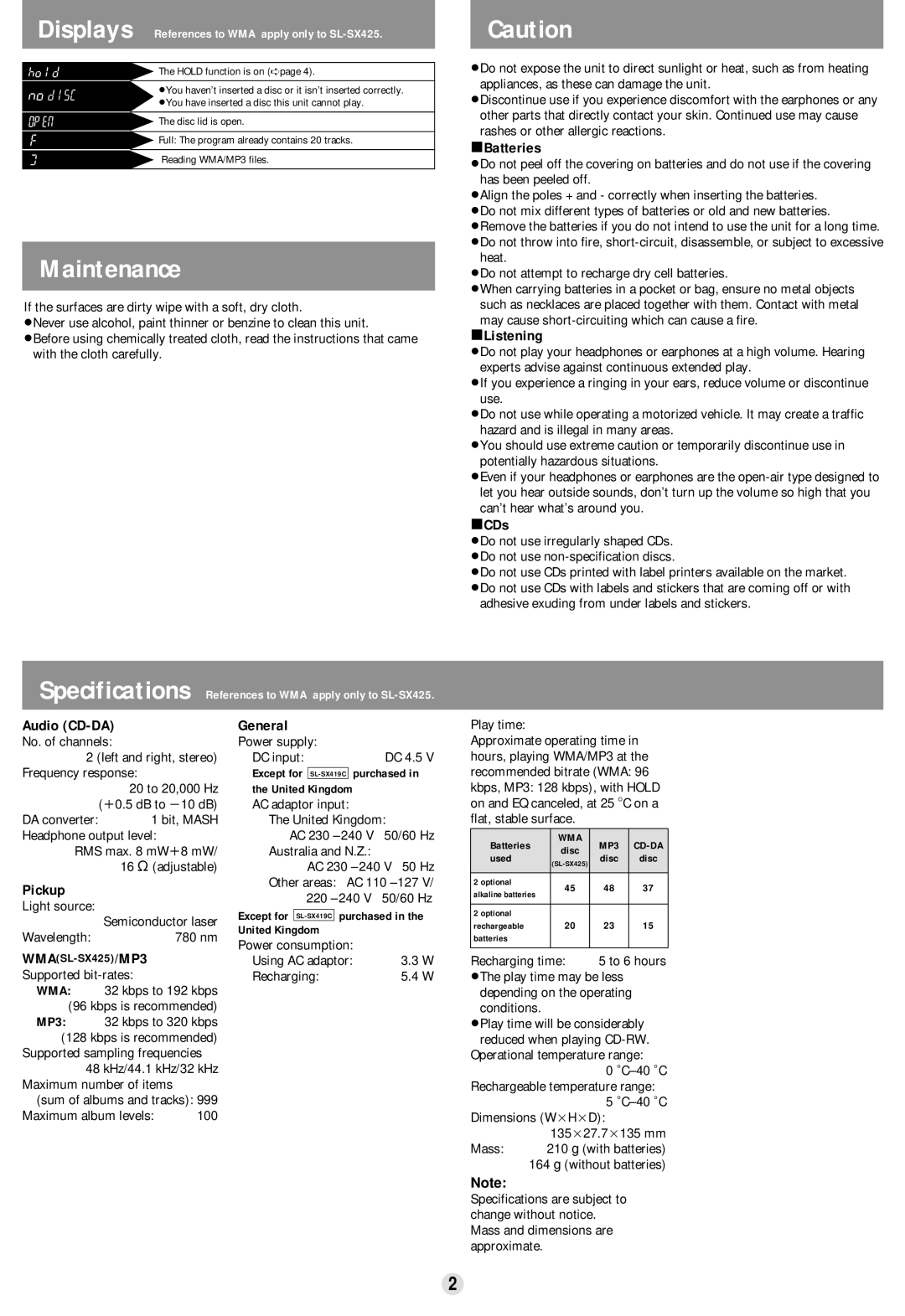 Panasonic SL-SX419C, SL-SX418, SL-SX425 operating instructions Maintenance 