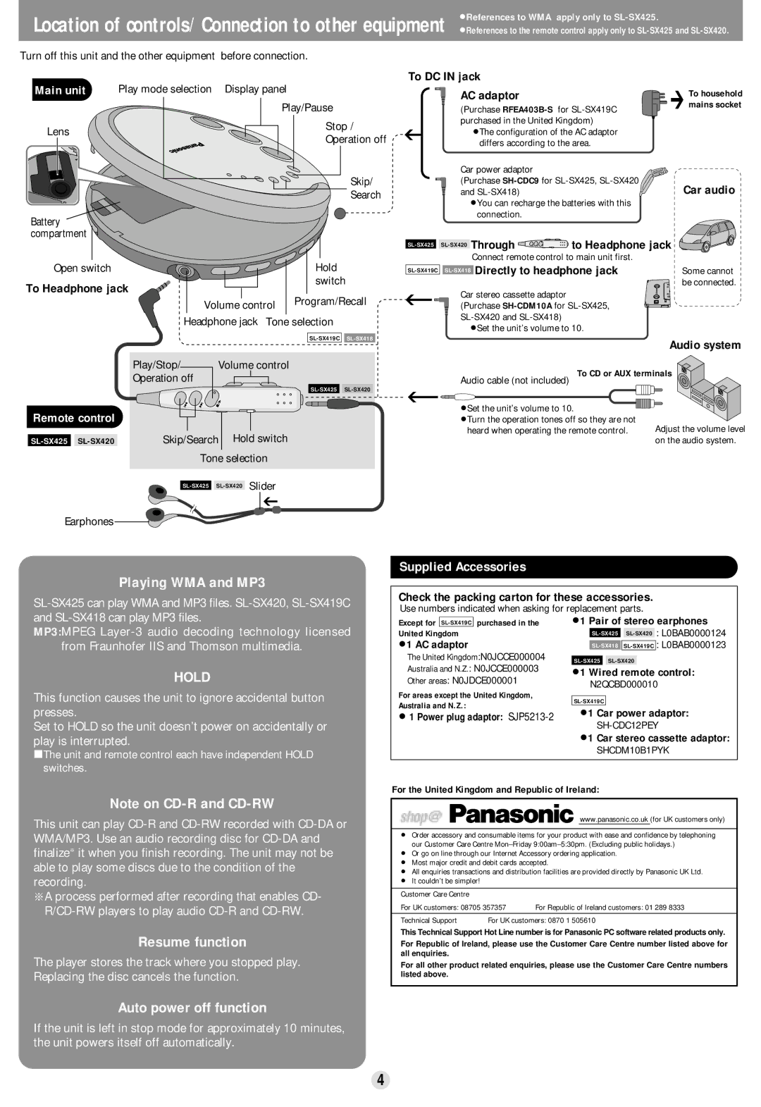 Panasonic SL-SX425, SL-SX418, SL-SX419C operating instructions Supplied Accessories, Main unit 