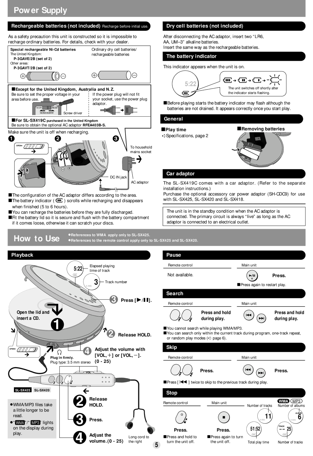 Panasonic SL-SX419C, SL-SX418, SL-SX425 operating instructions Power Supply 