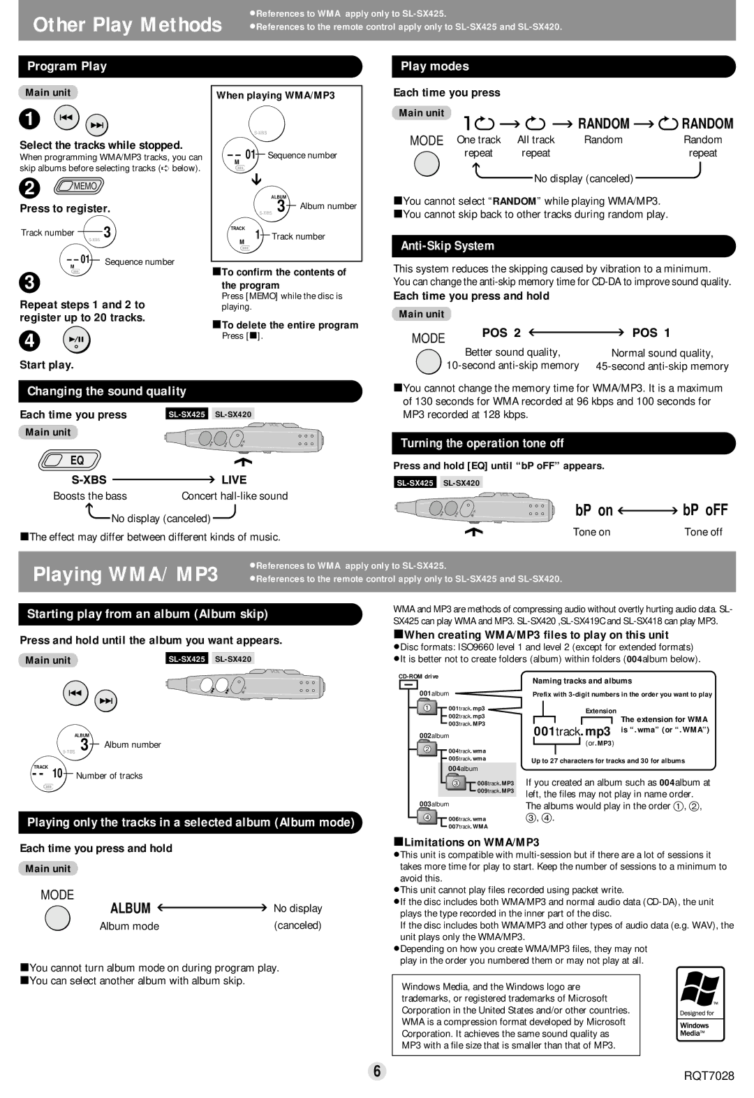 Panasonic SL-SX418, SL-SX425, SL-SX419C Program Play Play modes, Anti-Skip System, Turning the operation tone off 