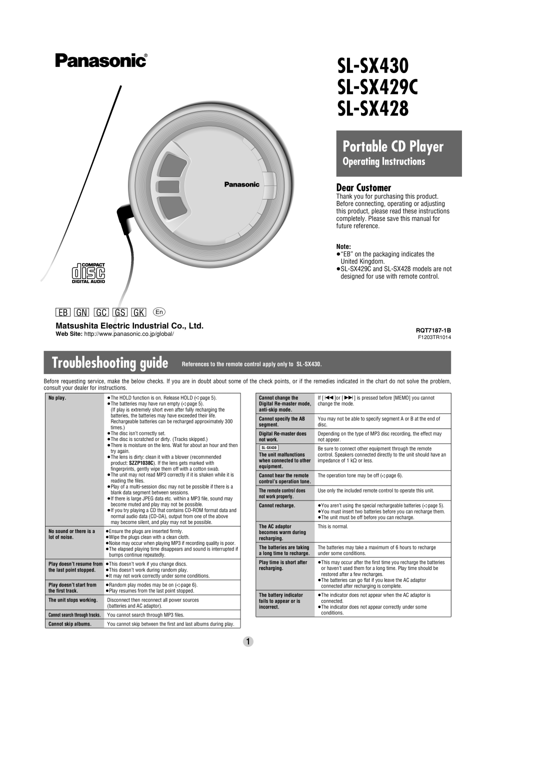 Panasonic SL-SX428, SL-SX429C operating instructions Portable CD Player, RQT7187-1B 