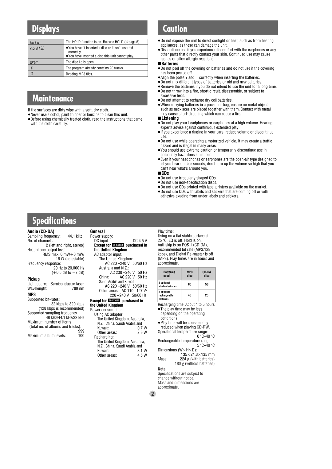 Panasonic SL-SX429C, SL-SX428 operating instructions Displays, Maintenance, Specifications, MP3 