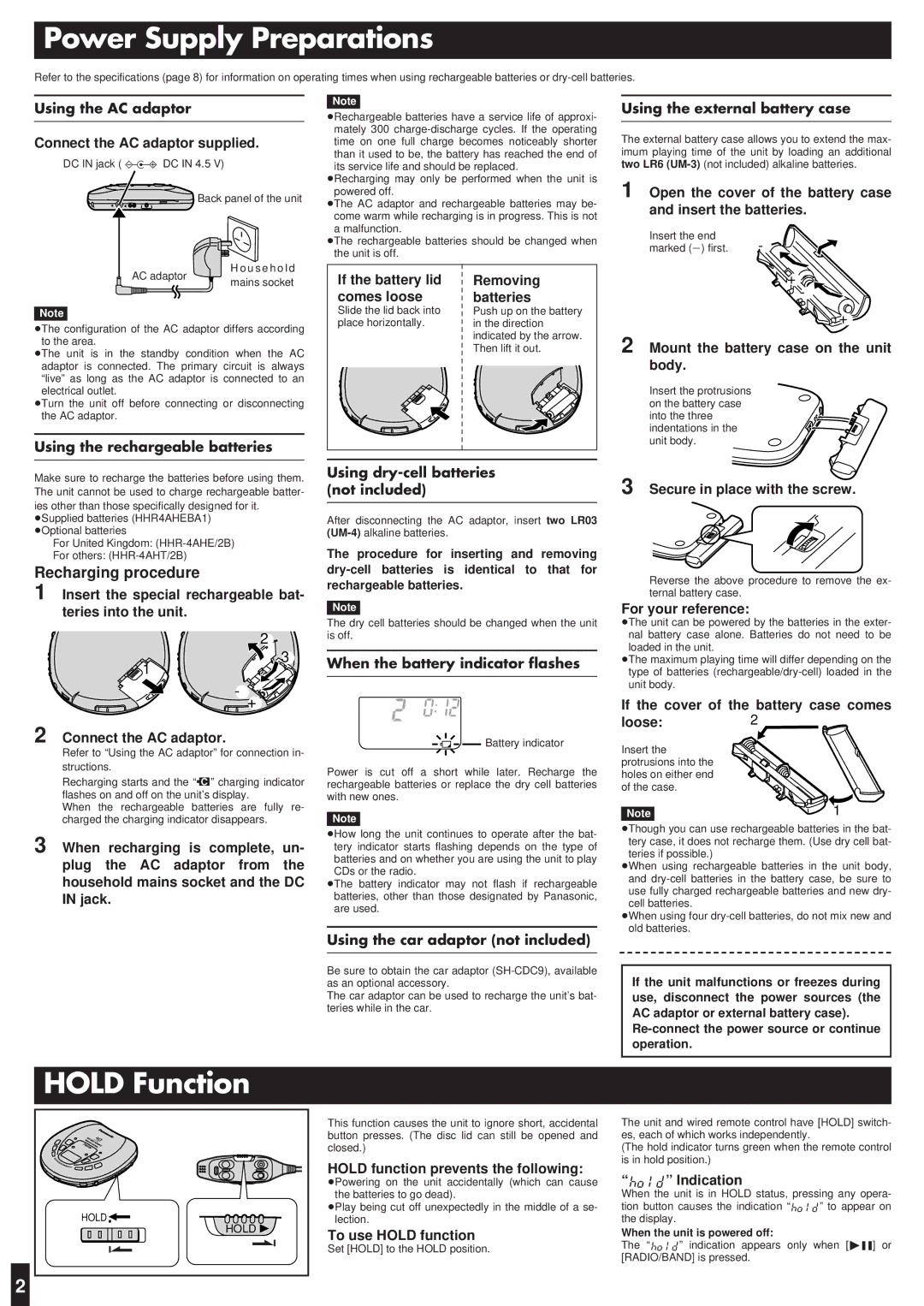 Panasonic SL-SX469V operating instructions Power Supply Preparations, Hold Function, Recharging procedure 