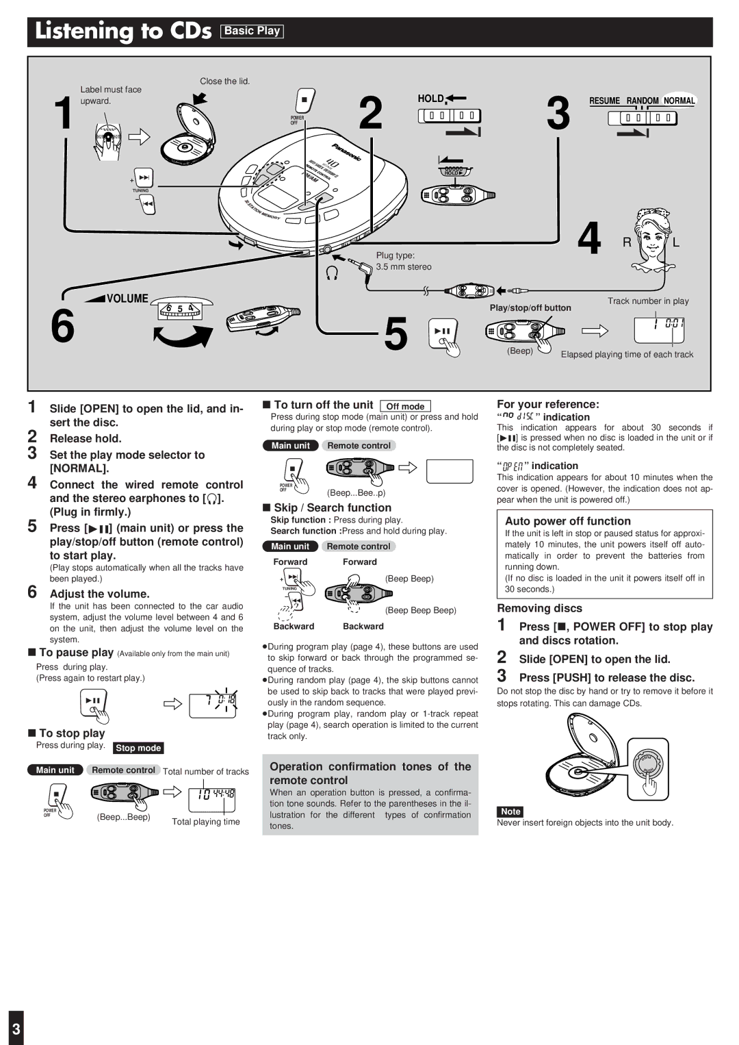 Panasonic SL-SX469V operating instructions Listening to CDs, Basic Play 