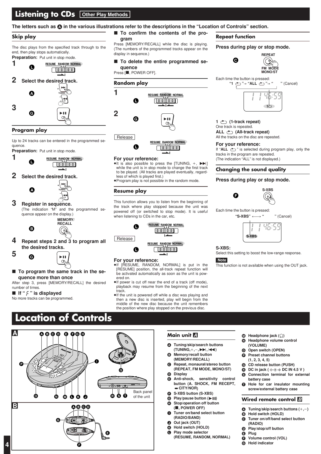 Panasonic SL-SX469V operating instructions Location of Controls, Listening to CDs, Other Play Methods 