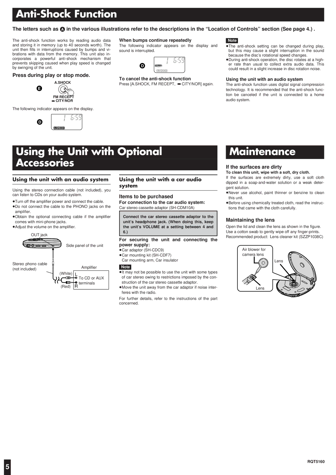 Panasonic SL-SX469V Anti-Shock Function, Using the Unit with Optional Accessories Maintenance, If the surfaces are dirty 