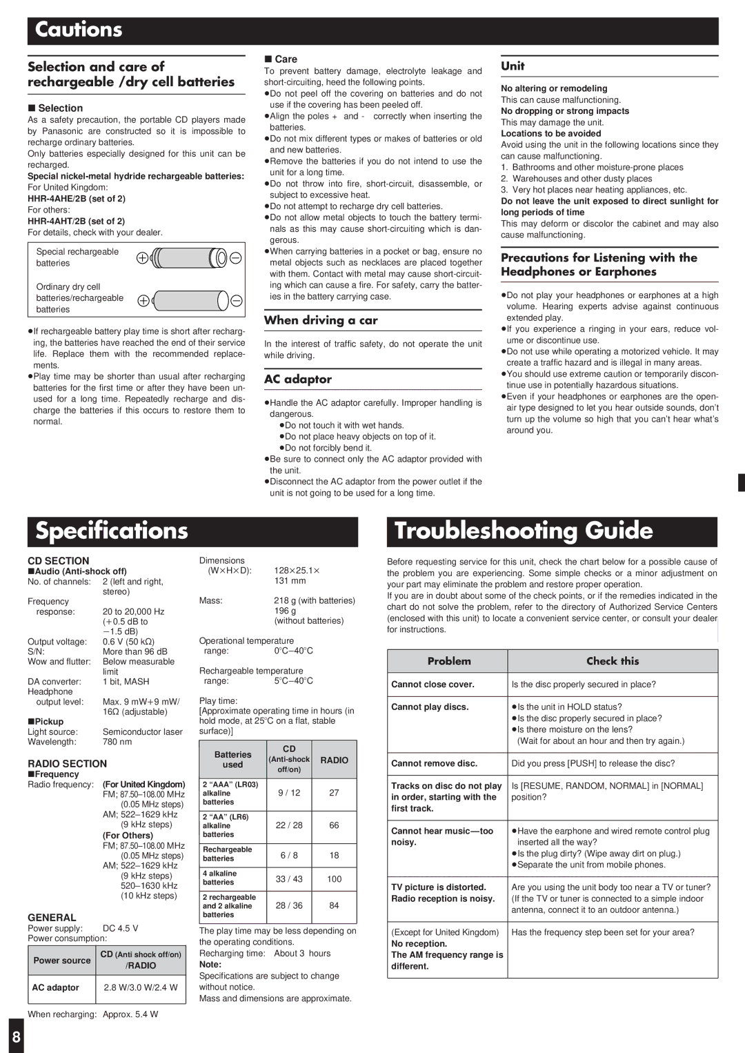 Panasonic SL-SX469V operating instructions Specifications, Troubleshooting Guide 