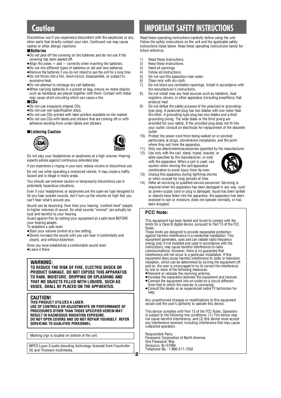 Panasonic SL-SX470 operating instructions FCC Note, Batteries, CDs, Listening Caution 