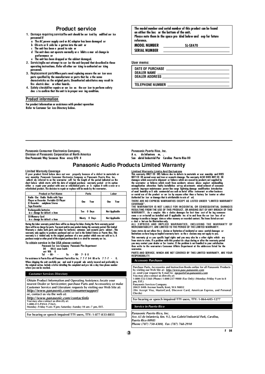 Panasonic SL-SX470 Product information, Limited Warranty Coverage, To obtain service in the USA please contact, F1104 