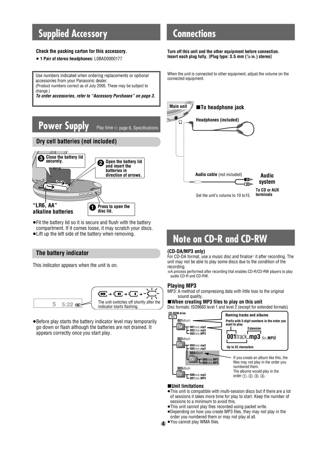 Panasonic SL-SX470 Supplied Accessory, Dry cell batteries not included, Battery indicator, 001track.mp3 or.MP3 