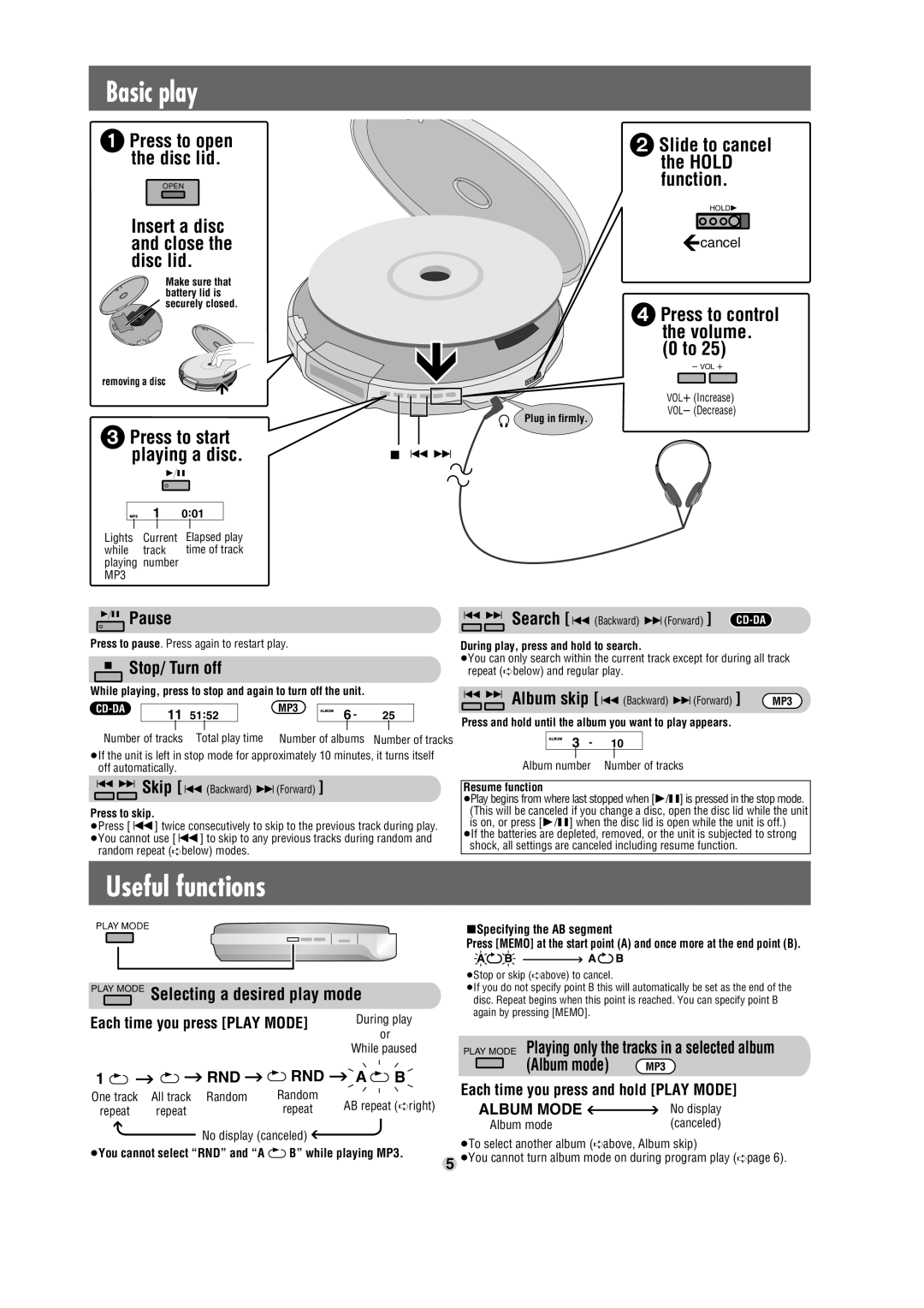 Panasonic SL-SX470 operating instructions Slide to cancel, Pause, Stop/ Turn off, Play Mode Selecting a desired play mode 