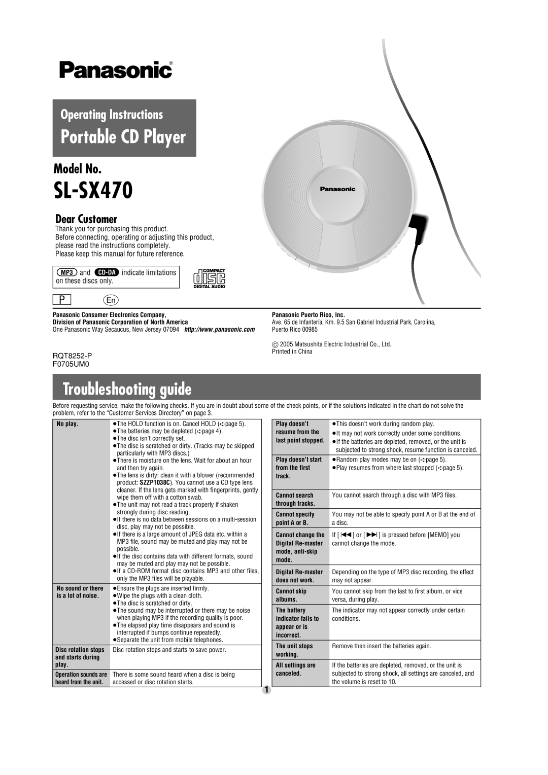 Panasonic SL-SX470 operating instructions Troubleshooting guide, Portable CD Player, Operating Instructions, Model No 