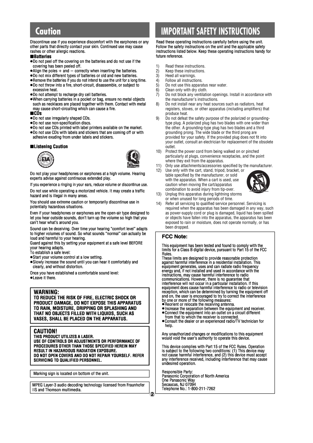 Panasonic SL-SX470 operating instructions FCC Note, Important Safety Instructions, This Product Utilizes A Laser 