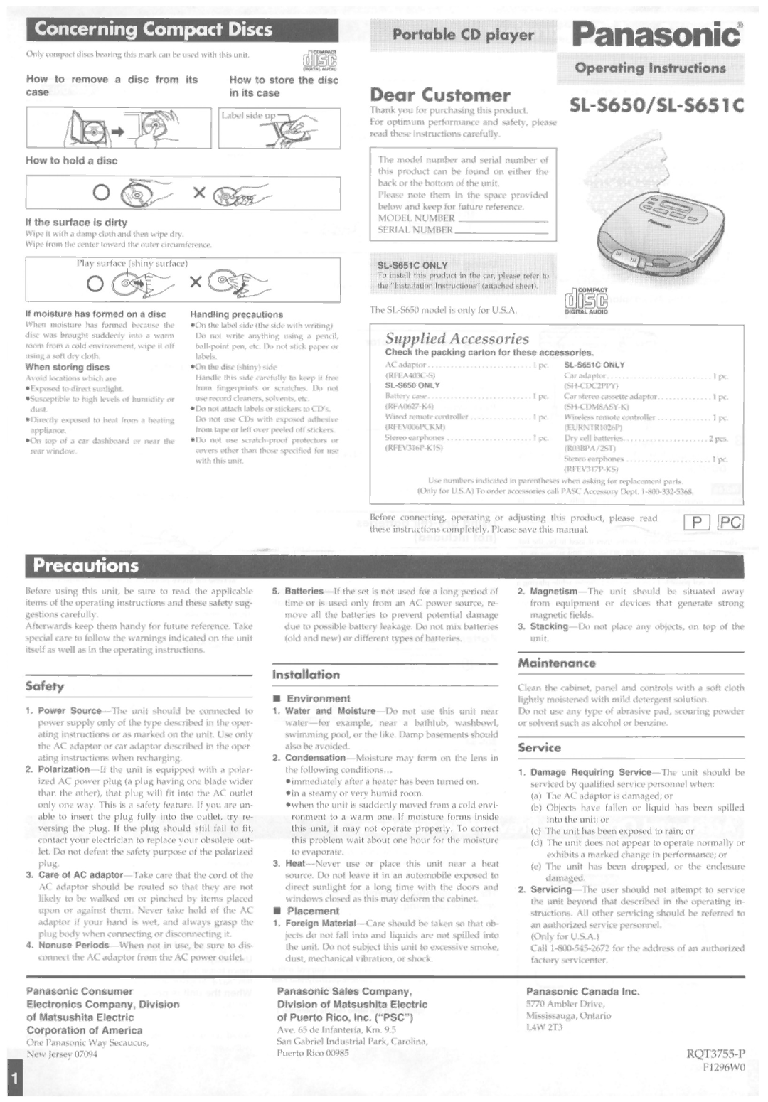 Panasonic SLS651C, SLS650 manual 