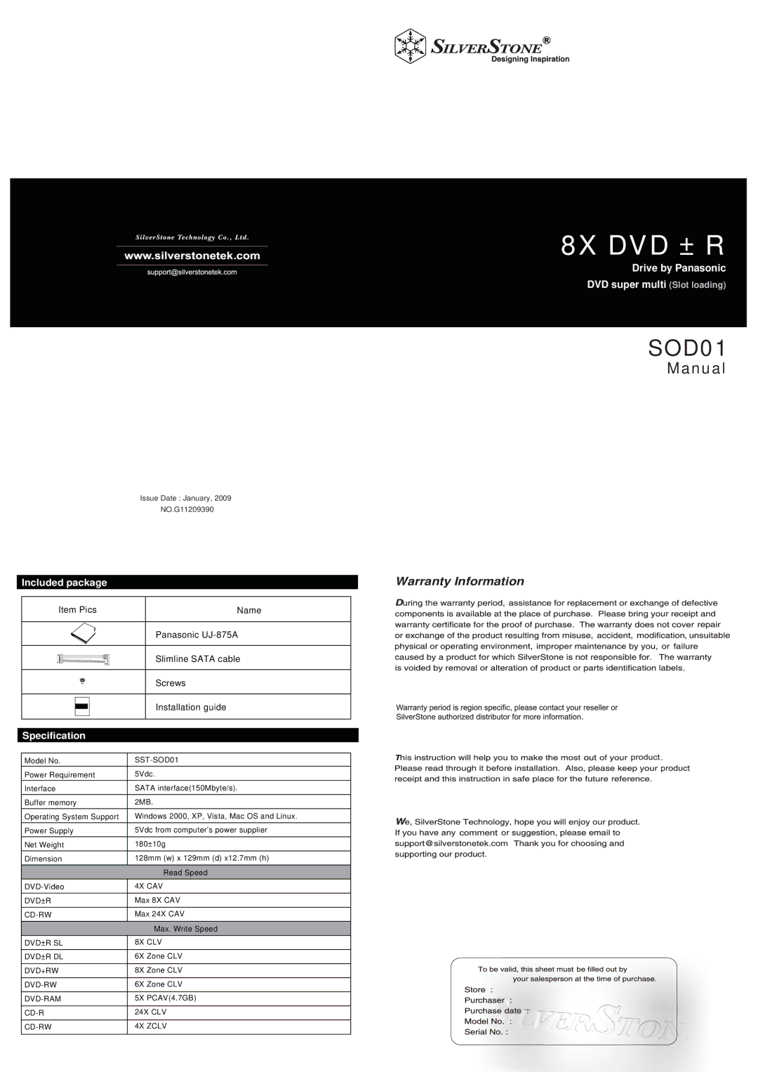 Panasonic SOD01 warranty 8X DVD ± R, Manual, Warranty Information 