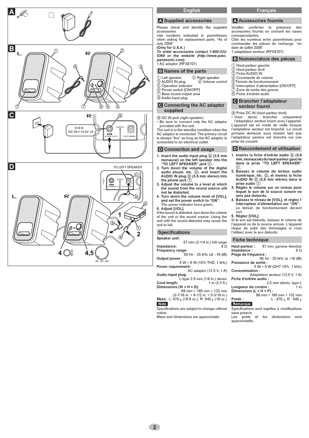 Panasonic SP58 warranty Supplied accessories, Names of the parts, Connecting the AC adaptor supplied, Connection and usage 