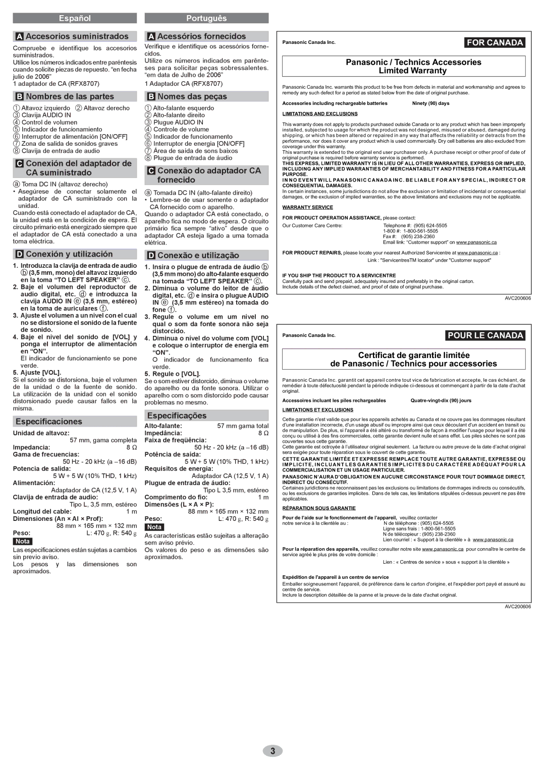 Panasonic SP58 warranty Accesorios suministrados Acessórios fornecidos, Panasonic / Technics Accessories Limited Warranty 