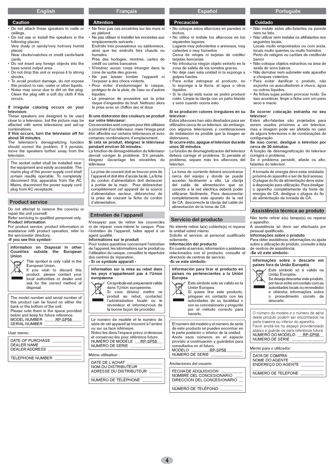 Panasonic SP58 warranty Product service, Entretien de l’appareil, Servicio del producto, Assistência técnica ao produto 