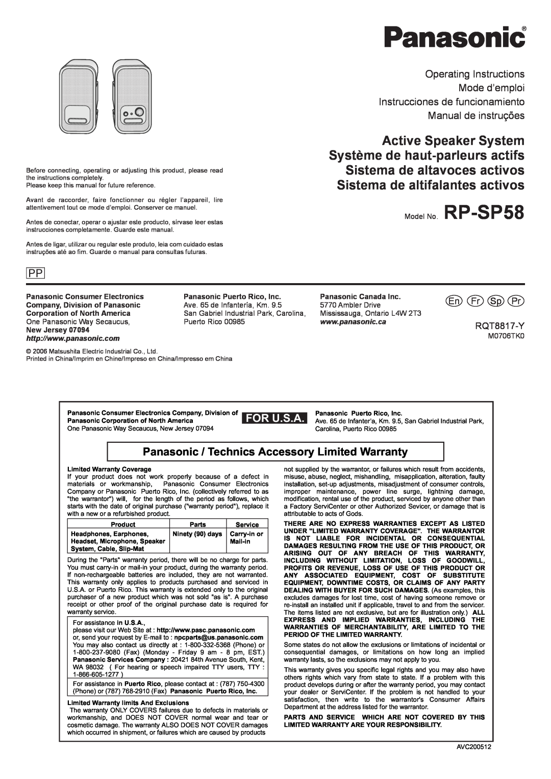 Panasonic SP58 warranty En Fr Sp Pr, RQT8817-Y, For U.S.A, Panasonic / Technics Accessory Limited Warranty 