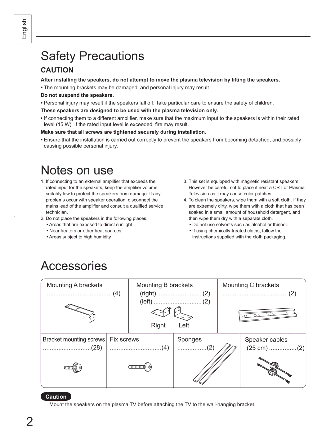 Panasonic SP65PV600 manual 6DIHW\3UHFDXWLRQV, 1RWHVRQXVH, $Ffhvvrulhv, $87,21 