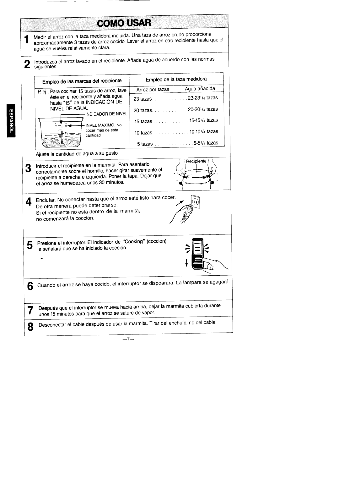 Panasonic SR-42HP/42F manual CoMou$AR, Empleode lasmarcasdel recipiente Empleode la tazamedidora 