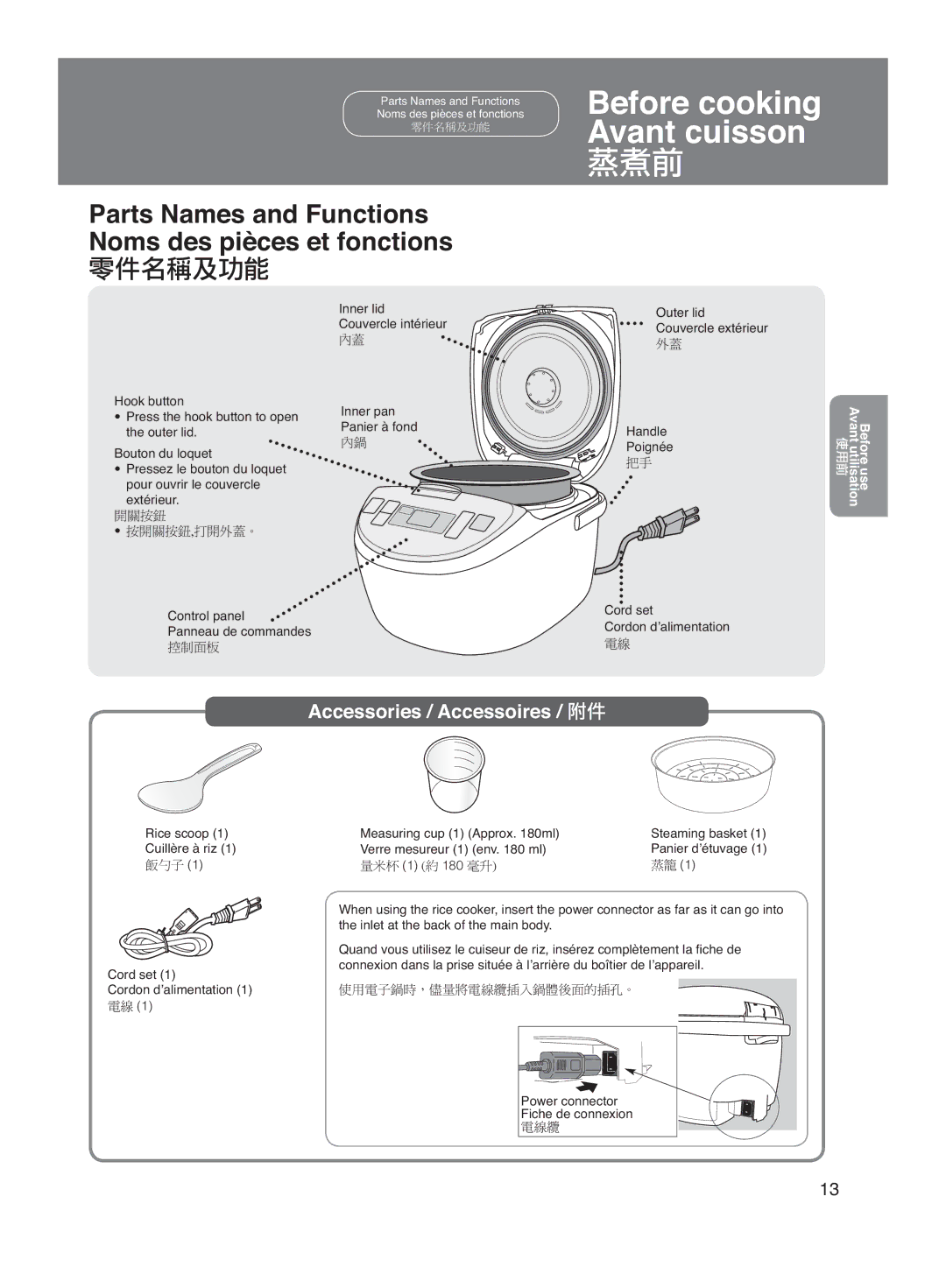 Panasonic SR-DE102 manuel dutilisation Before cooking Avant cuisson, Accessories / Accessoires 