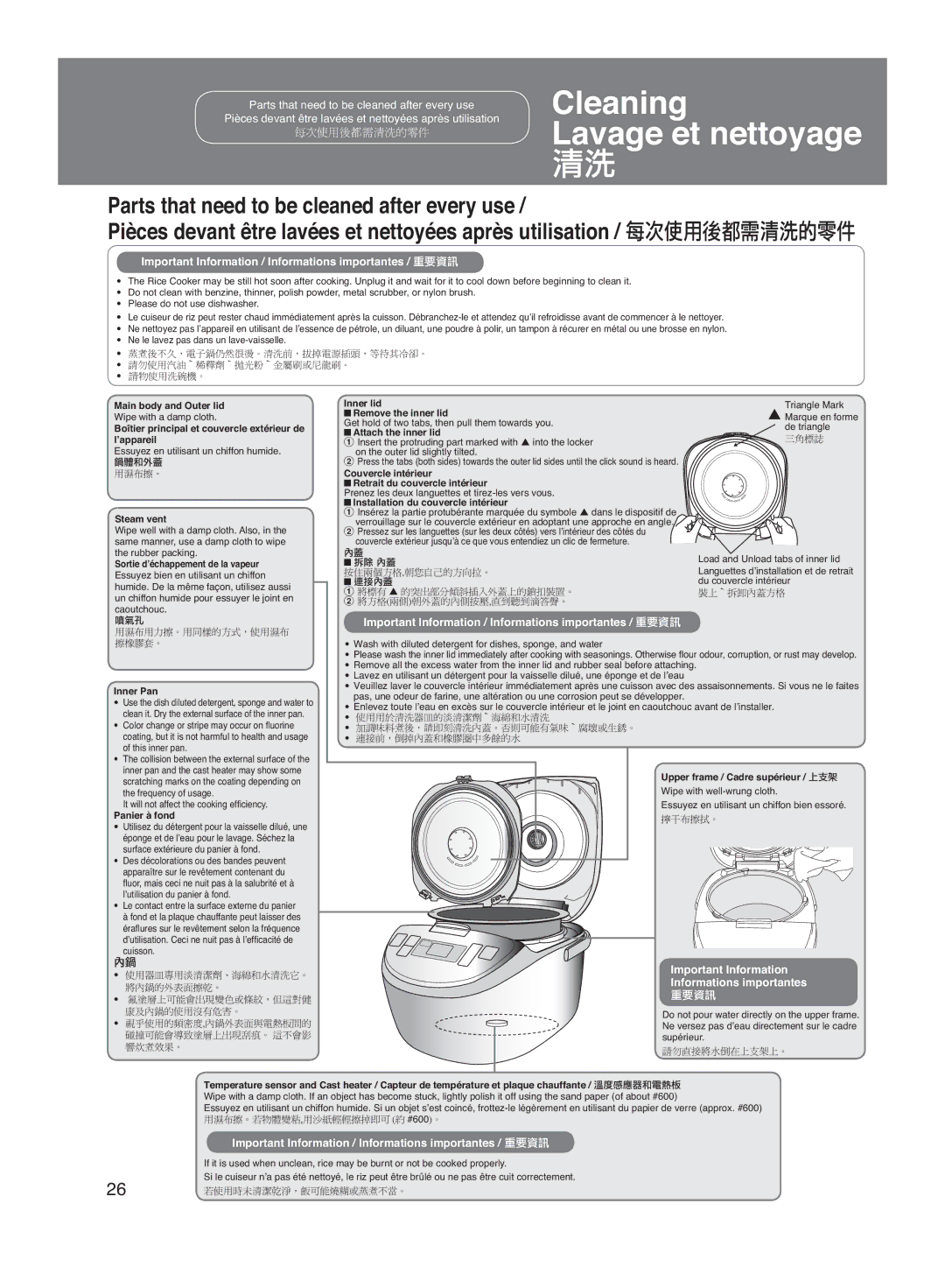 Panasonic SR-DE102 manuel dutilisation Cleaning Lavage et nettoyage 