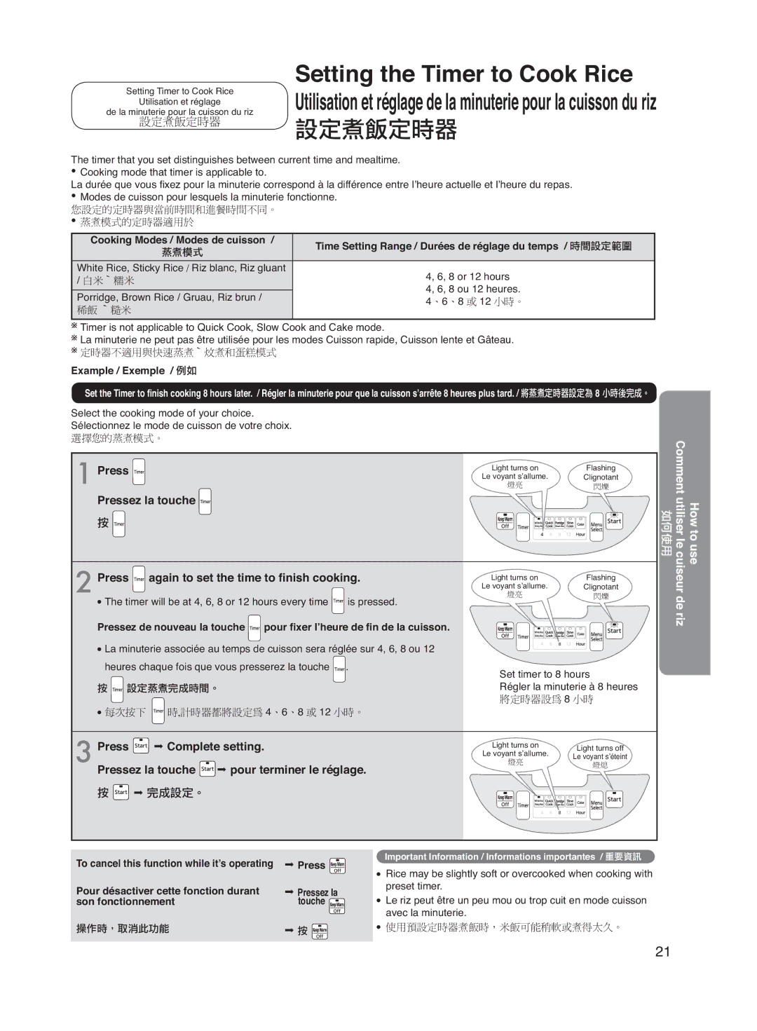 Panasonic SR-DG182, SR-DG102 Pressez la touche Again to set the time to ﬁnish cooking, Press ∞ Complete setting 