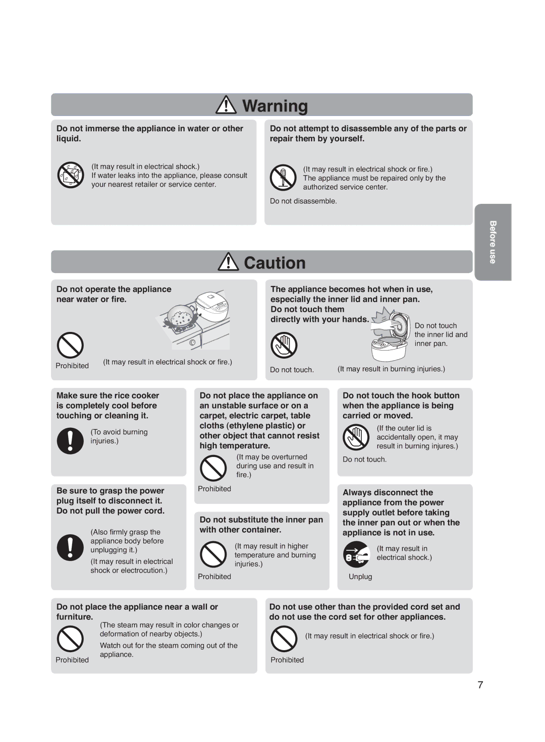 Panasonic SR-DG182, SR-DG102 manuel dutilisation Do not immerse the appliance in water or other liquid, Before use 