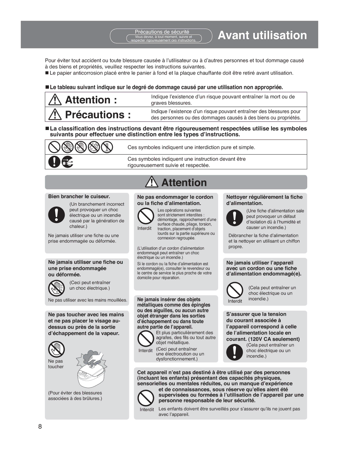 Panasonic SR-DG102, SR-DG182 Bien brancher le cuiseur, Ne pas endommager le cordon ou la ﬁche d’alimentation 