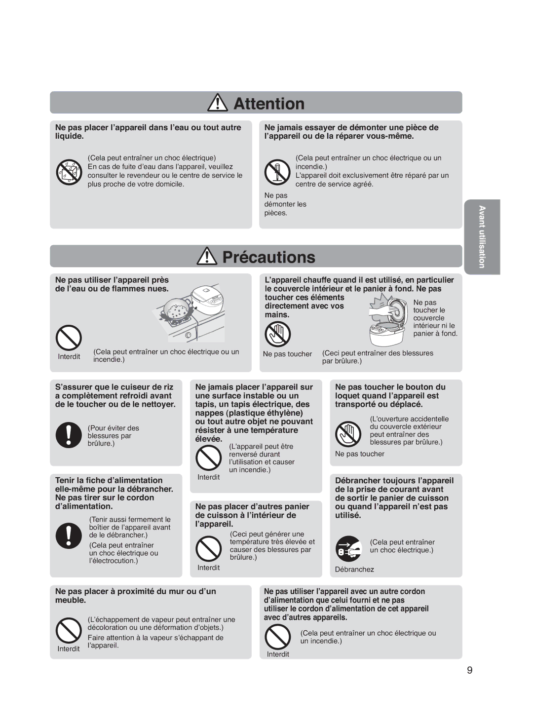 Panasonic SR-DG182, SR-DG102 Ne pas utiliser l’appareil près, Directement avec vos, Mains, Avant utilisation 