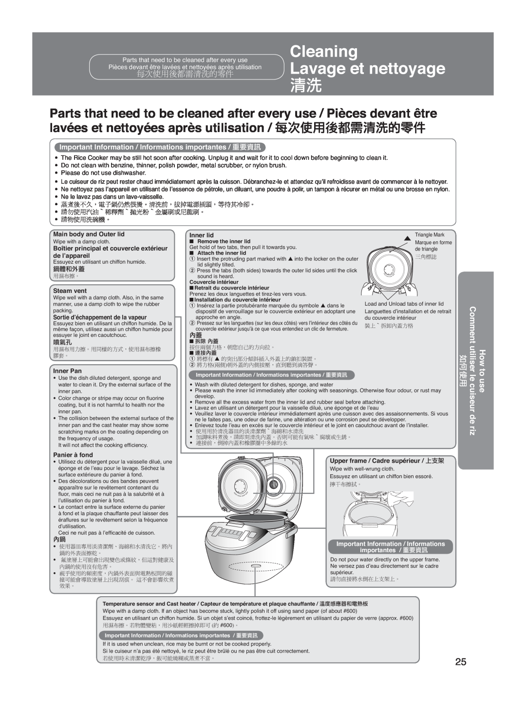 Panasonic SR-DG182 Cleaning, Lavage et nettoyage, How to Comment utiliserle, de riz, cuiseur, w w w, Steam vent, Inner Pan 
