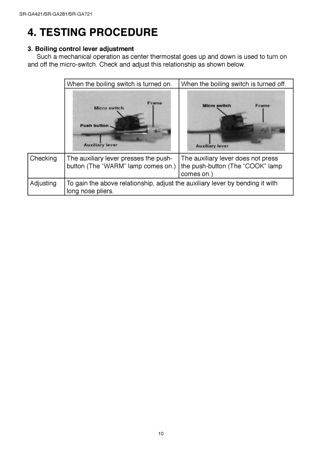 Panasonic SR-GA281, SR-GA421 service manual Boiling control lever adjustment 