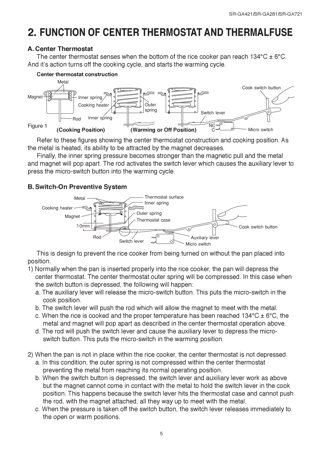 Panasonic SR-GA421, SR-GA281 service manual Center Thermostat, Switch-On Preventive System 