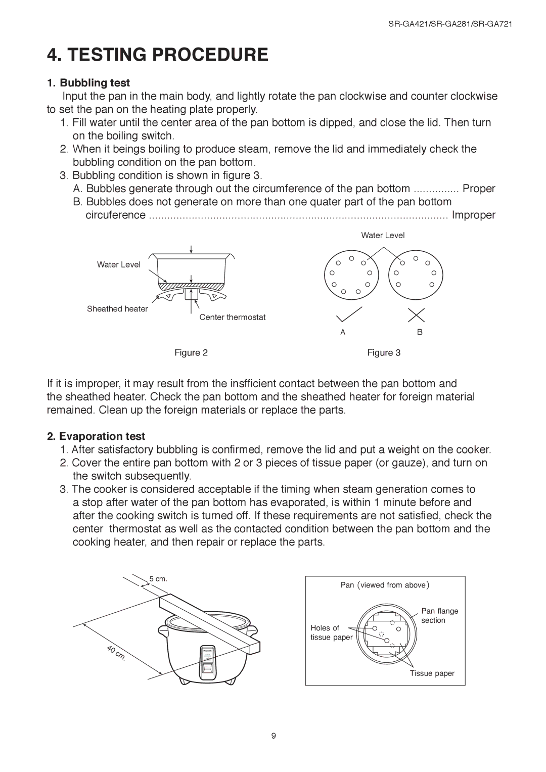 Panasonic SR-GA421, SR-GA281 service manual Testing Procedure, Bubbling test, Evaporation test 