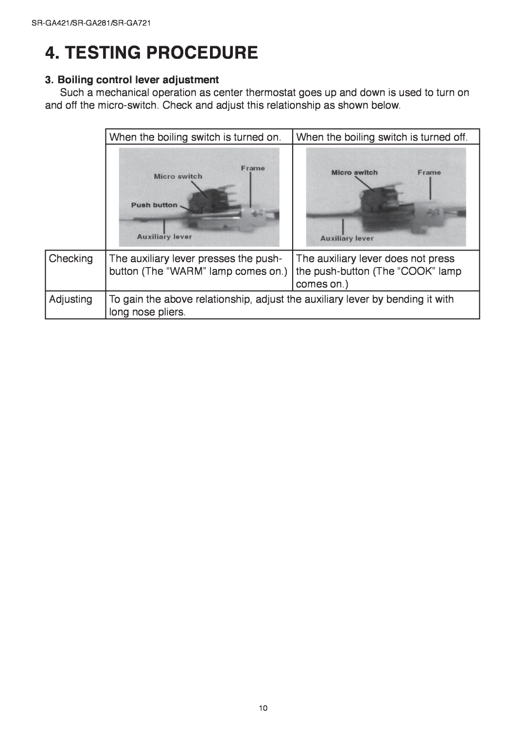 Panasonic SR-GA281, SR-GA421 service manual Testing Procedure, Boiling control lever adjustment 