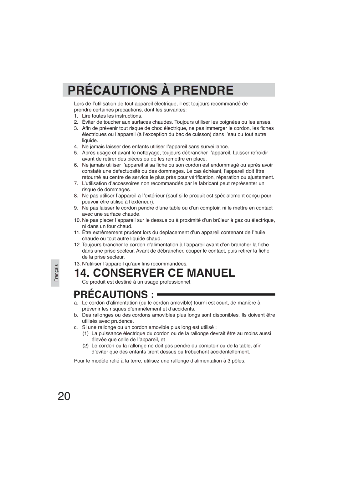 Panasonic SR-GA721 manuel dutilisation Précautions À Prendre 