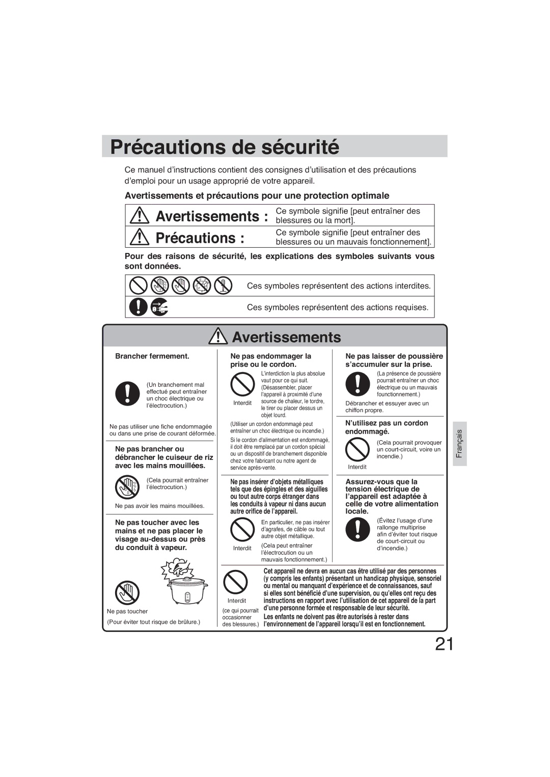 Panasonic SR-GA721 manuel dutilisation Précautions de sécurité, Brancher fermement, Ne pas endommager la prise ou le cordon 