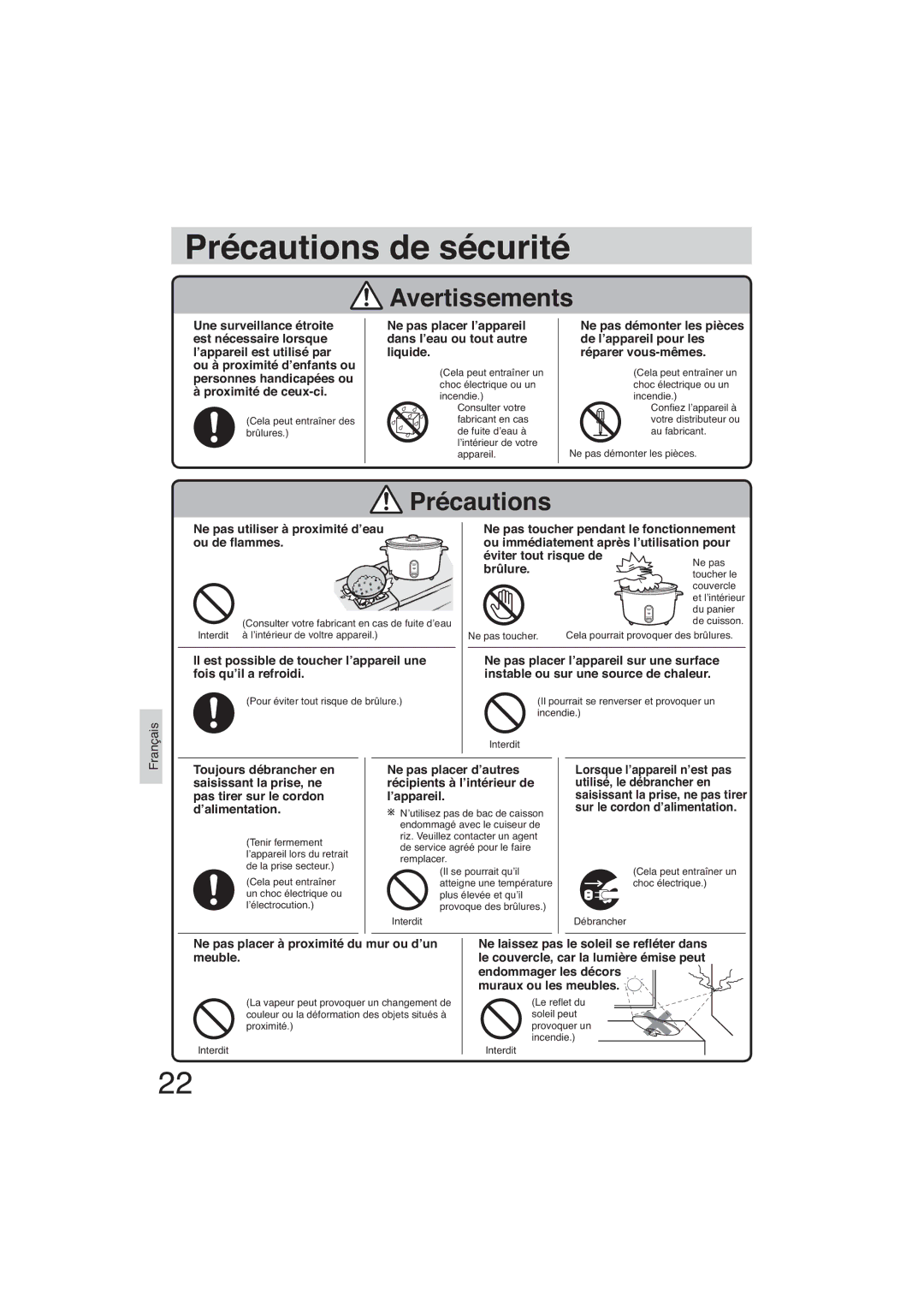 Panasonic SR-GA721 Ne pas placer l’appareil dans l’eau ou tout autre liquide, Brûlure, Muraux ou les meubles 