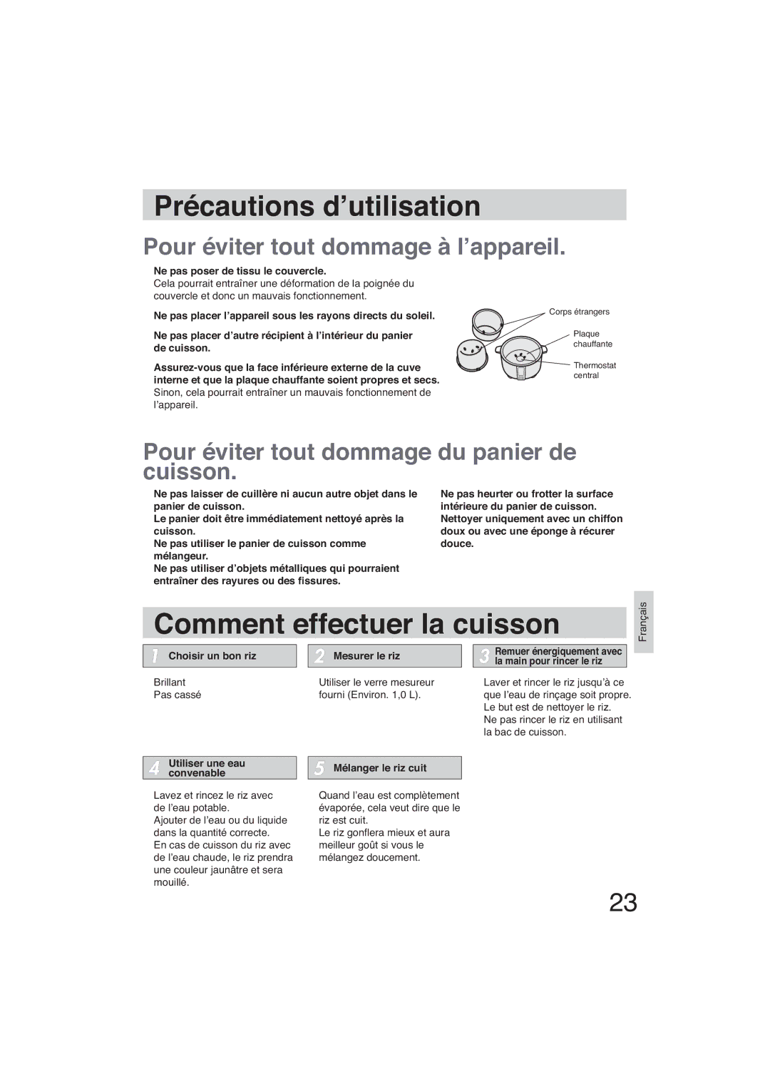 Panasonic SR-GA721 manuel dutilisation Précautions d’utilisation, Comment effectuer la cuisson 