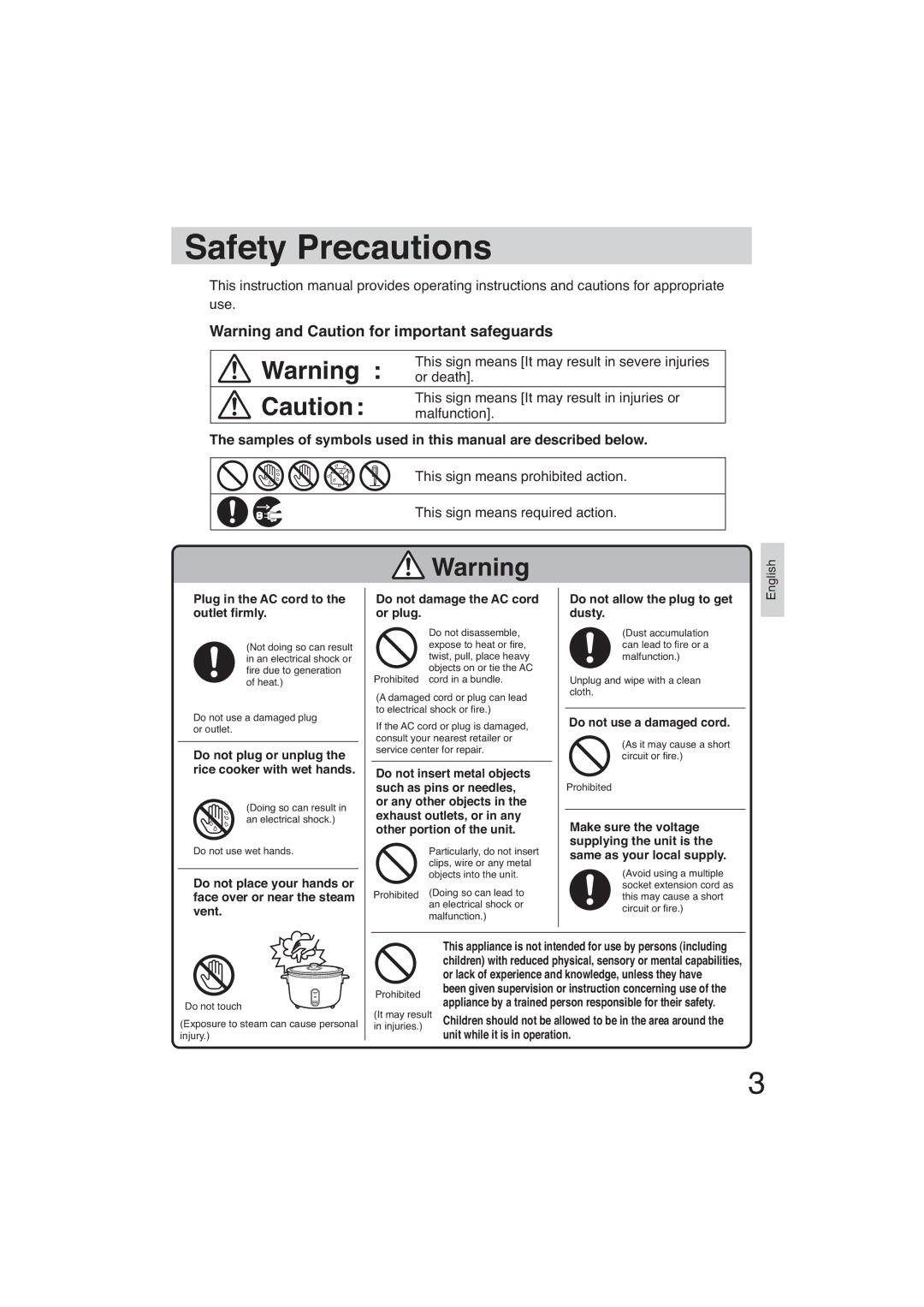 Panasonic SR-GA721 Safety Precautions, Plug in the AC cord to the outlet rmly, Do not allow the plug to get dusty 