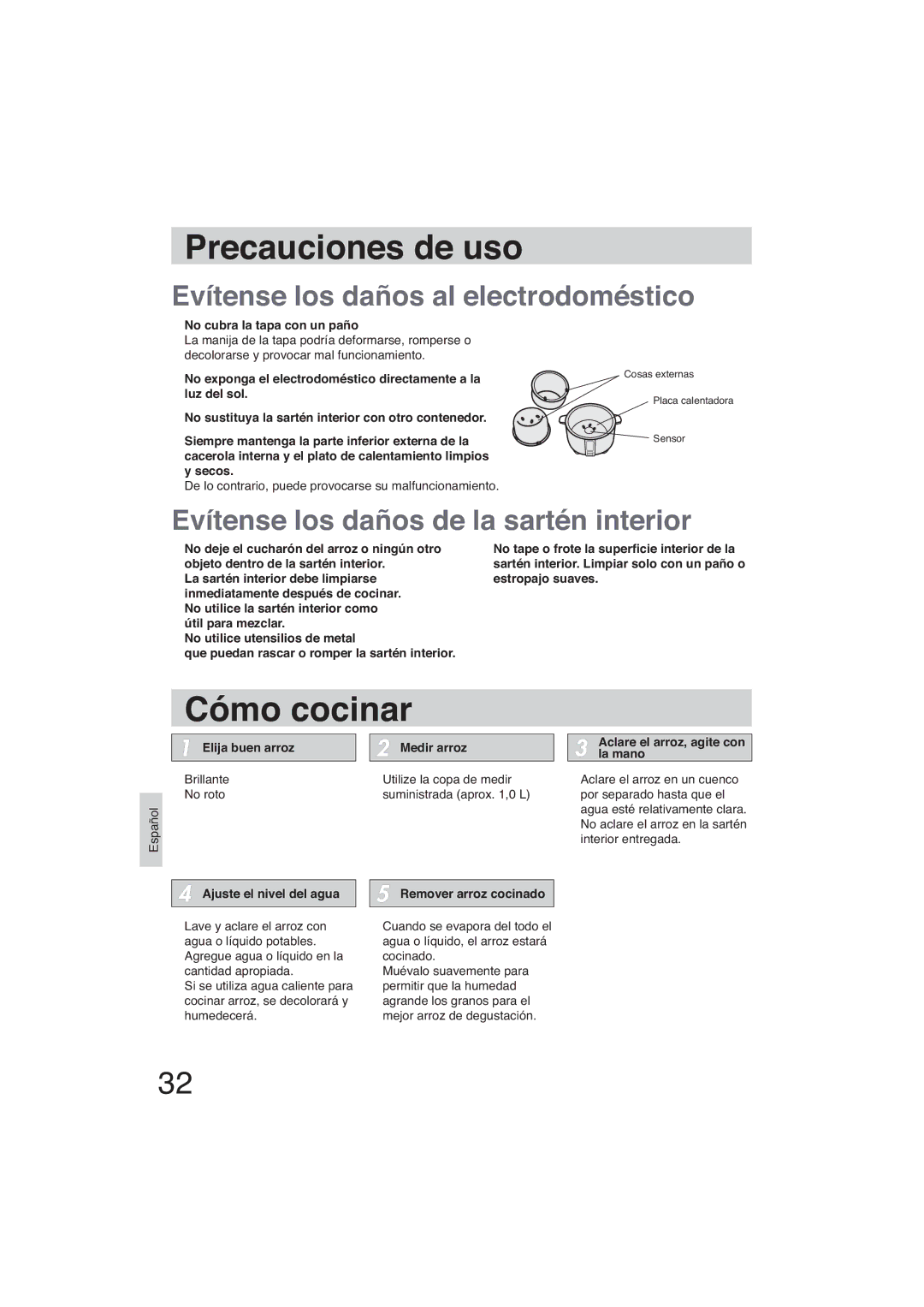 Panasonic SR-GA721 manuel dutilisation Precauciones de uso, Cómo cocinar 