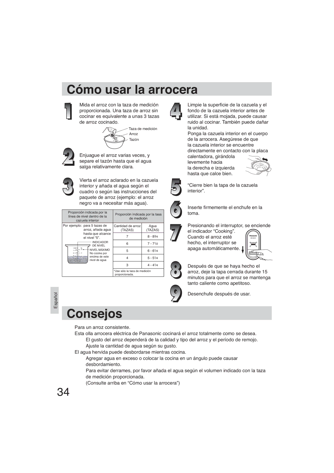 Panasonic SR-GA721 manuel dutilisation Cómo usar la arrocera, Consejos, Taza de medición Arroz Tazón 